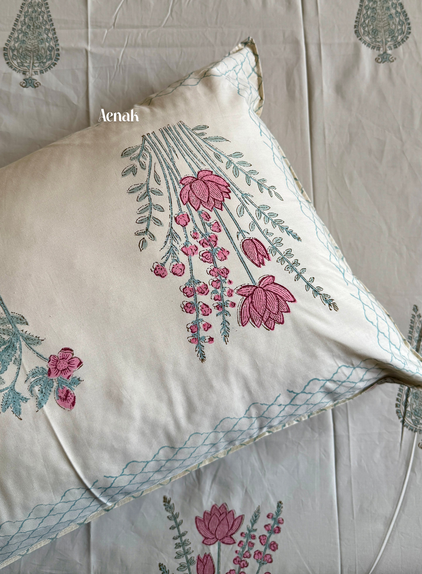 Green Ashoka Handblock Bedsheet + Straight Quilted Bedcover Combo (Beige Base)