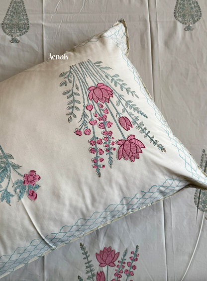 Green Ashoka Handblock Bedsheet + Straight Quilted Bedcover Combo (Beige Base)