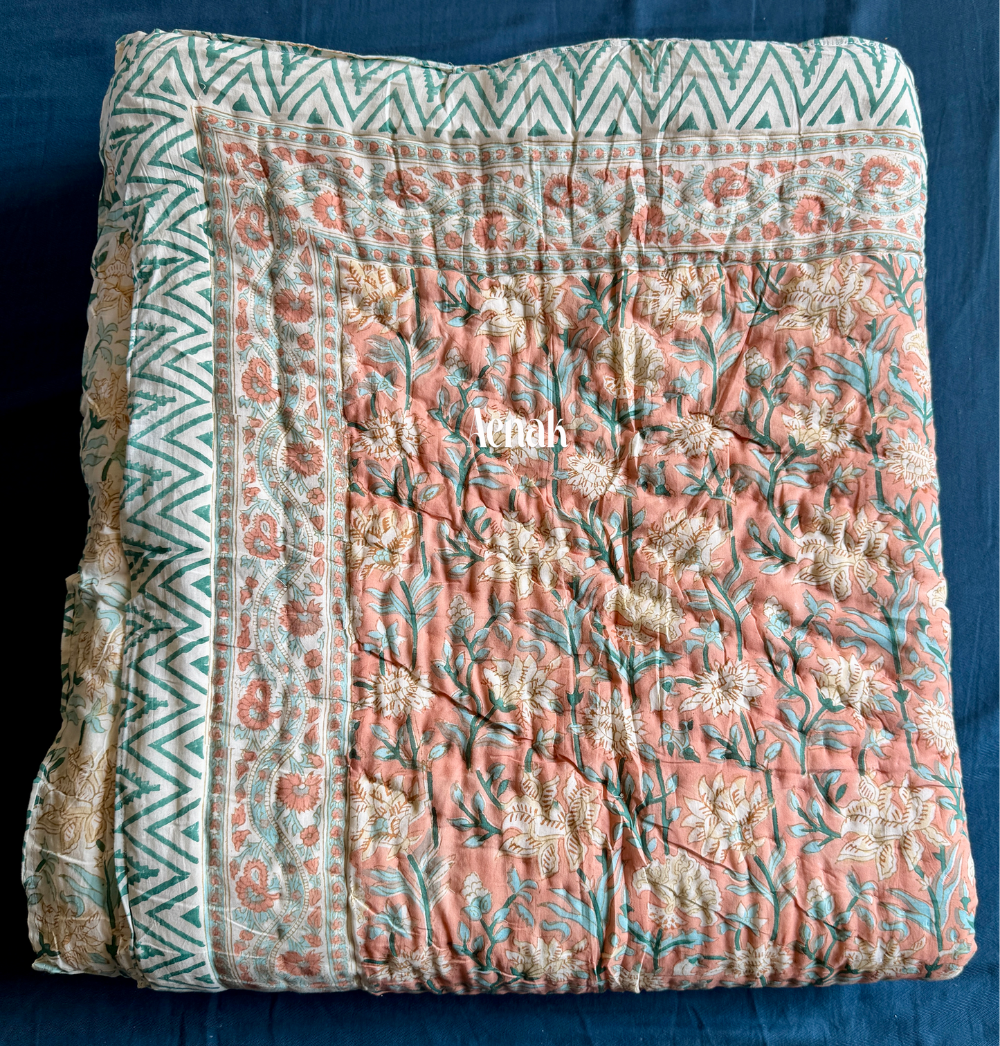 Light Peach Floral Handblock Printed Reversible Mulmul Cotton Quilt