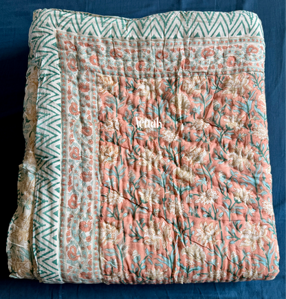 Light Peach Floral Handblock Printed Reversible Mulmul Cotton Quilt
