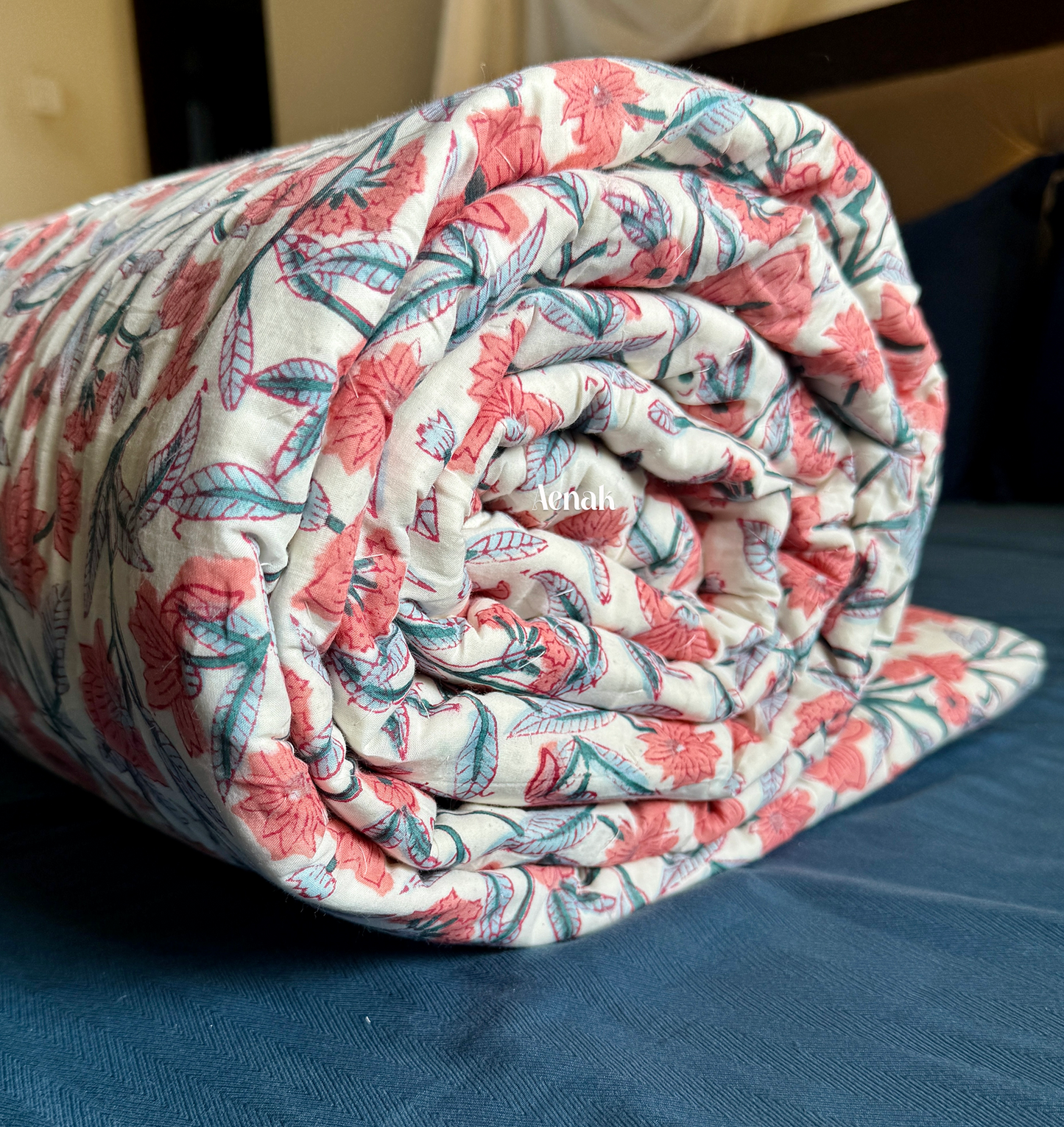 Dark Peach Floral Handblock Printed Reversible Mulmul Cotton Quilt