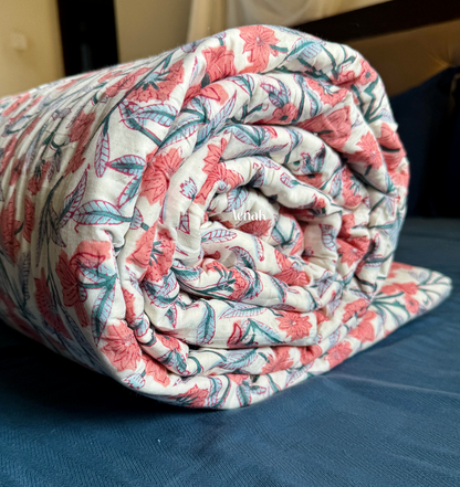 Dark Peach Floral Handblock Printed Reversible Mulmul Cotton Quilt