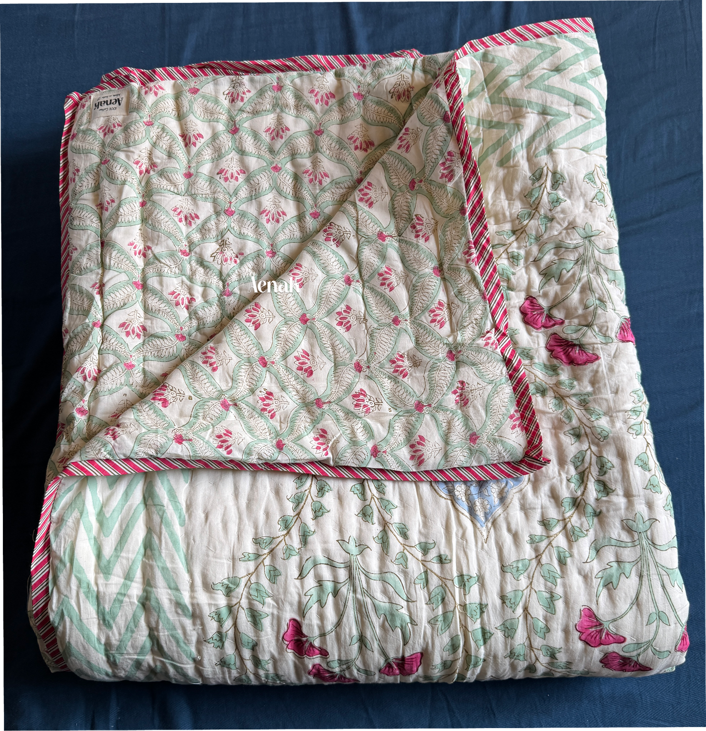 Pink Poppy Handblock Printed Reversible Mulmul Cotton Quilt (Light Beige Base)