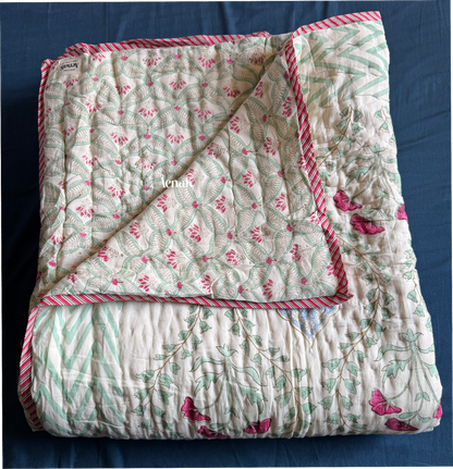 Pink Poppy Handblock Printed Reversible Mulmul Cotton Quilt (Light Beige Base)