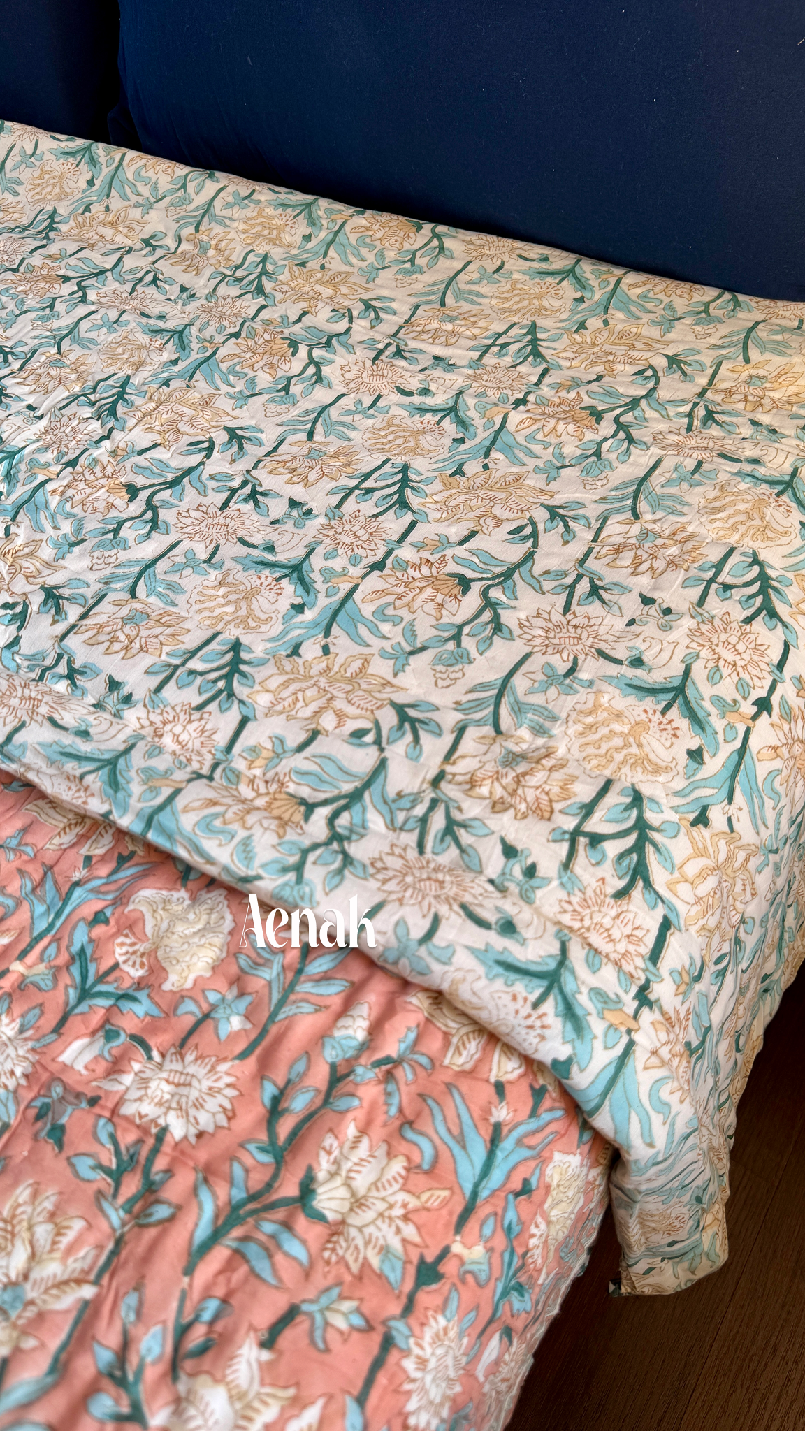 Light Peach Floral Handblock Printed Reversible Mulmul Cotton Quilt