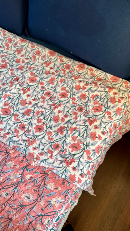 Dark Peach Floral Handblock Printed Reversible Mulmul Cotton Quilt