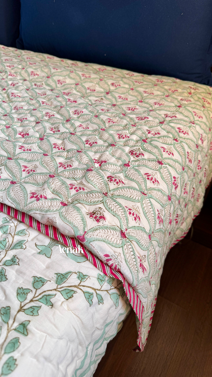 Pink Poppy Handblock Printed Reversible Mulmul Cotton Quilt (Light Beige Base)