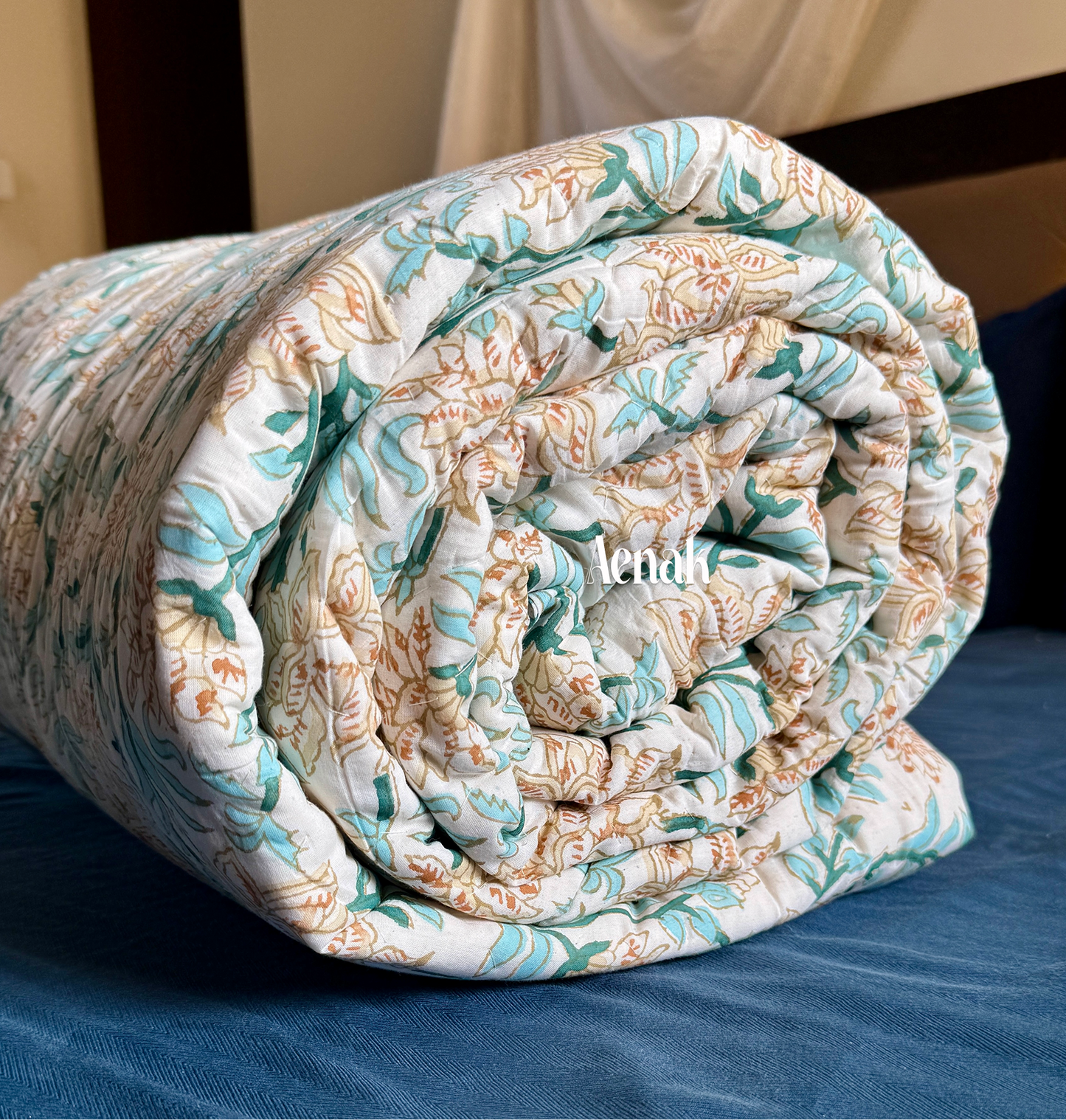 Light Peach Floral Handblock Printed Reversible Mulmul Cotton Quilt