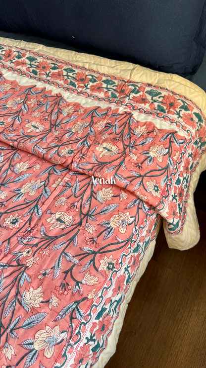 Dark Peach Floral Handblock Printed Reversible Mulmul Cotton Quilt