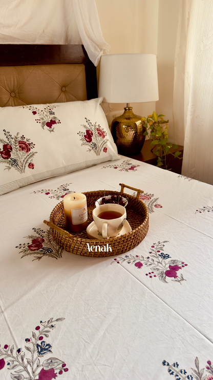 Burgundy Anaar Handblock Printed Premium Cotton Bedsheet Set (Beige Base)