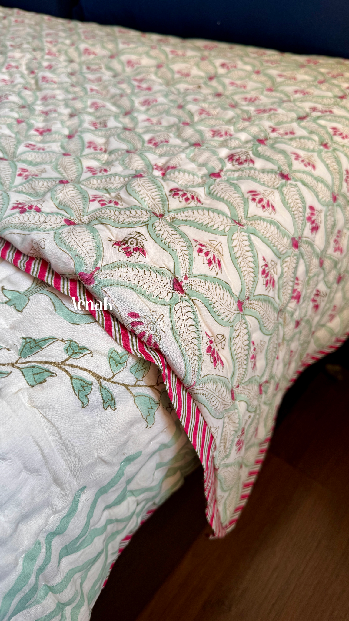 Pink Poppy Handblock Printed Reversible Mulmul Cotton Quilt (Light Beige Base)