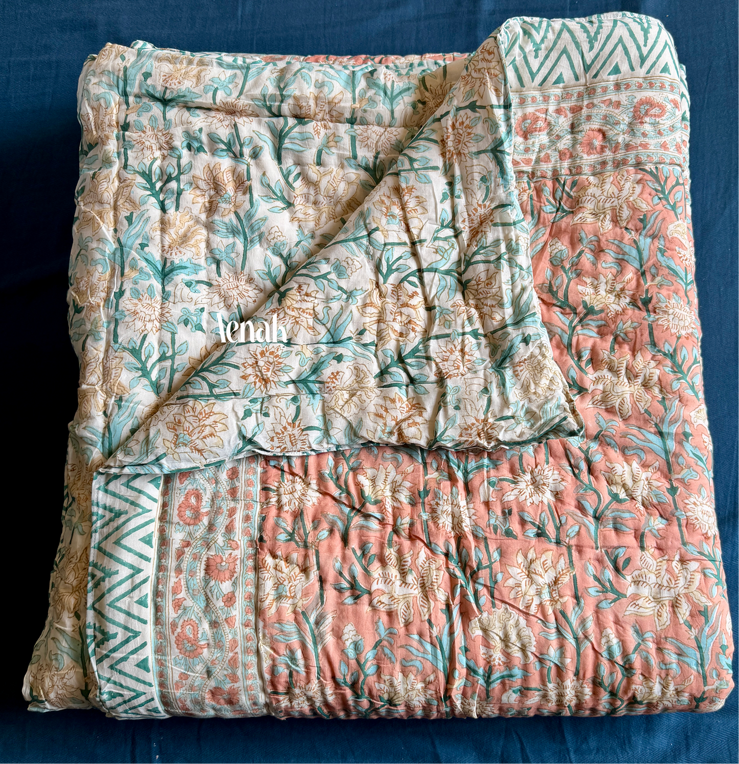 Light Peach Floral Handblock Printed Reversible Mulmul Cotton Quilt