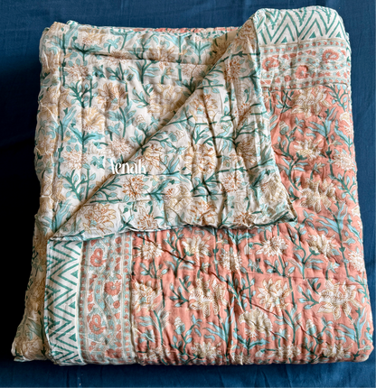 Light Peach Floral Handblock Printed Reversible Mulmul Cotton Quilt