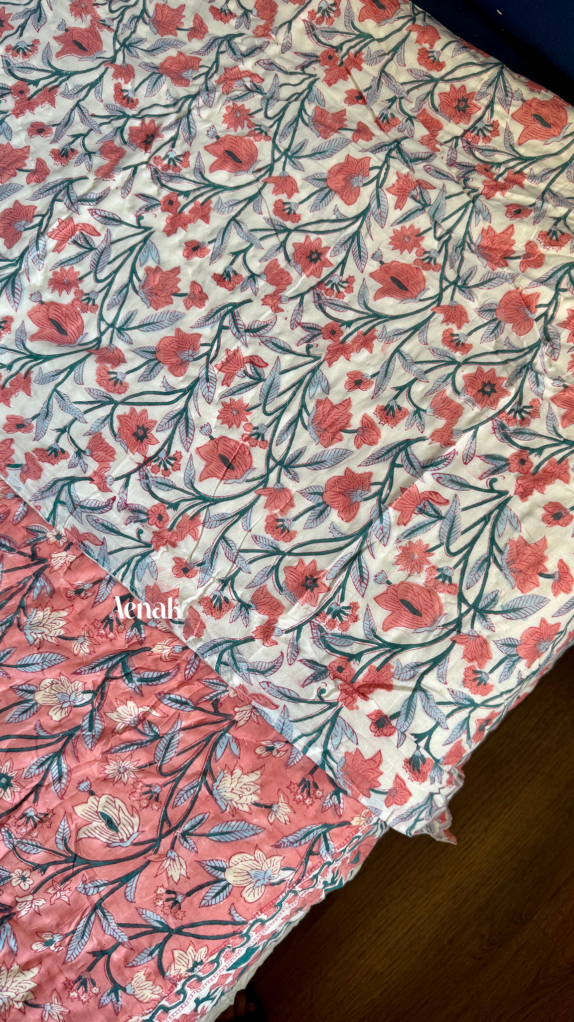 Dark Peach Floral Handblock Printed Reversible Mulmul Cotton Quilt