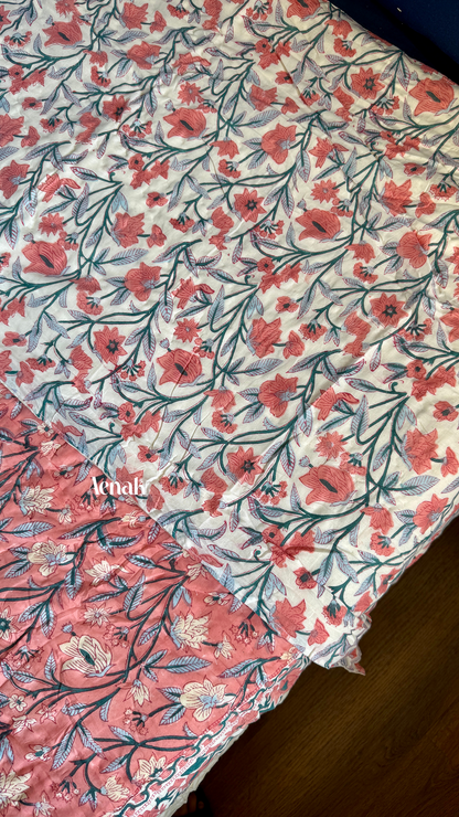 Dark Peach Floral Handblock Printed Reversible Mulmul Cotton Quilt
