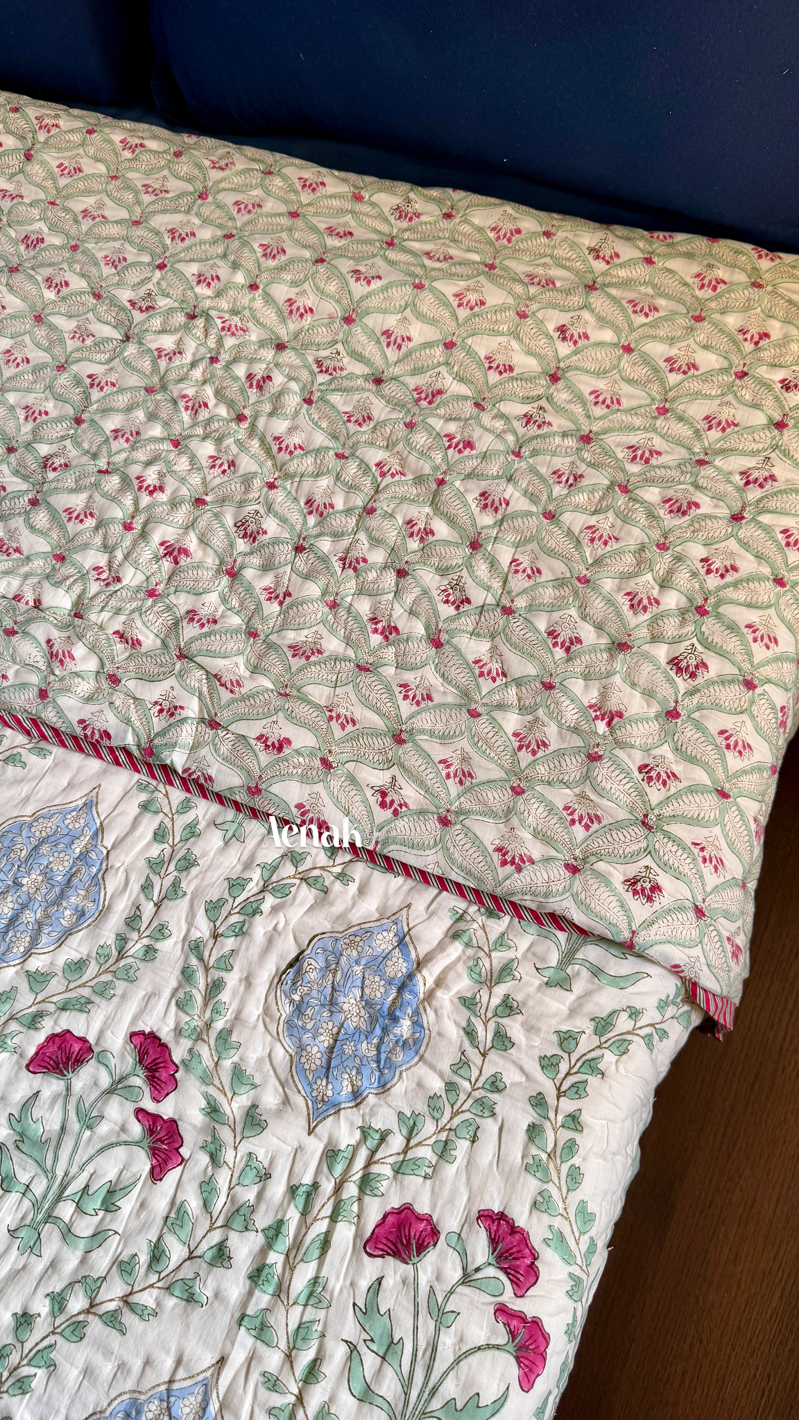 Pink Poppy Handblock Printed Reversible Mulmul Cotton Quilt (Light Beige Base)