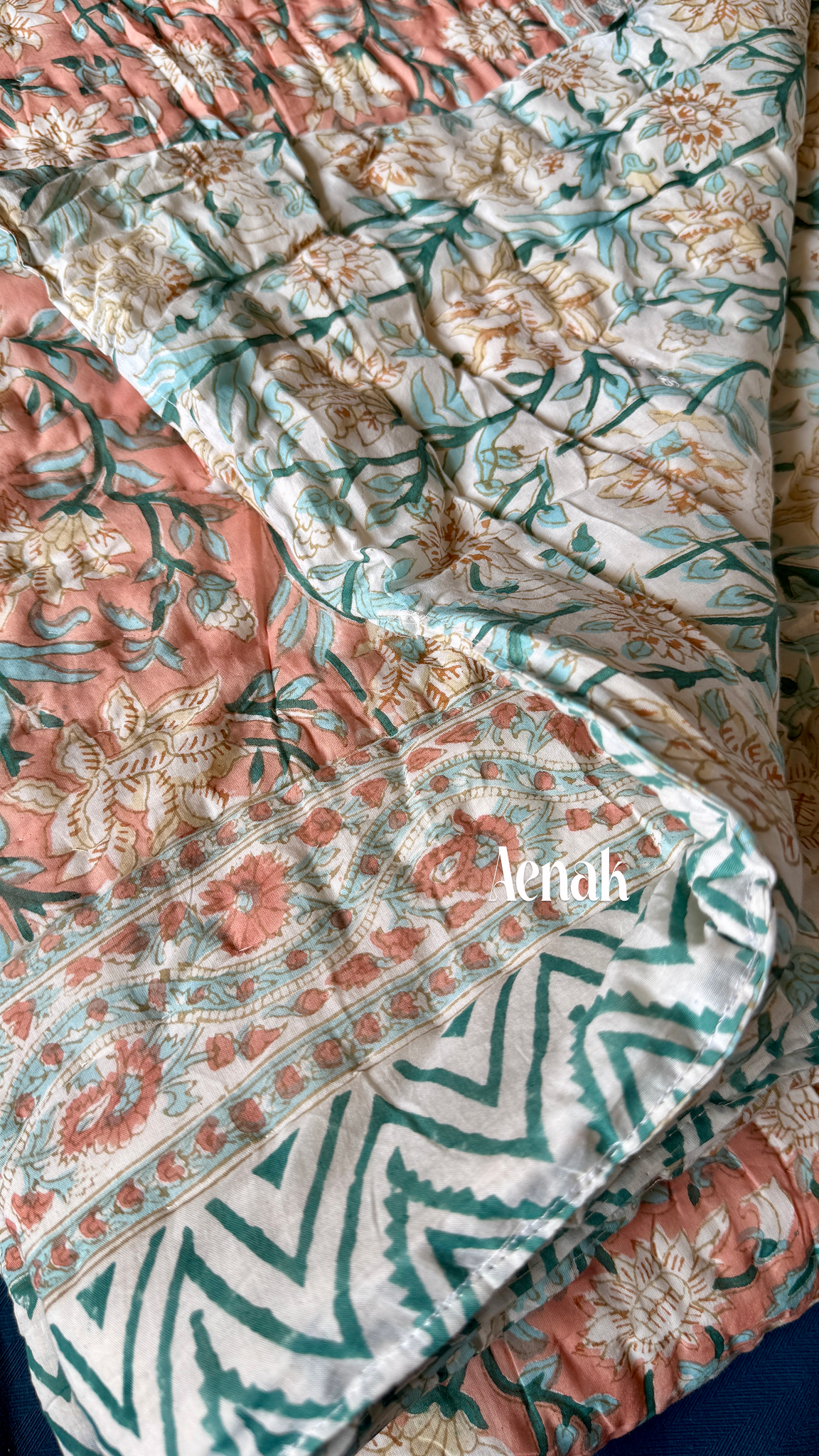 Light Peach Floral Handblock Printed Reversible Mulmul Cotton Quilt