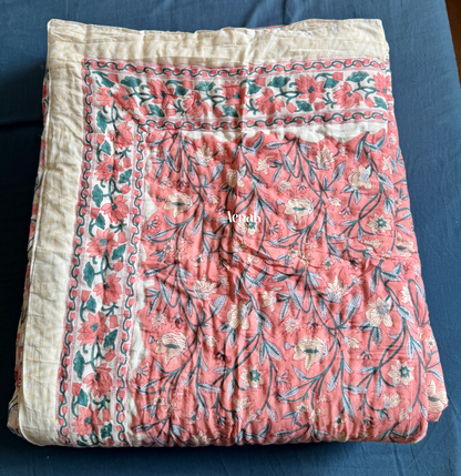 Dark Peach Floral Handblock Printed Reversible Mulmul Cotton Quilt