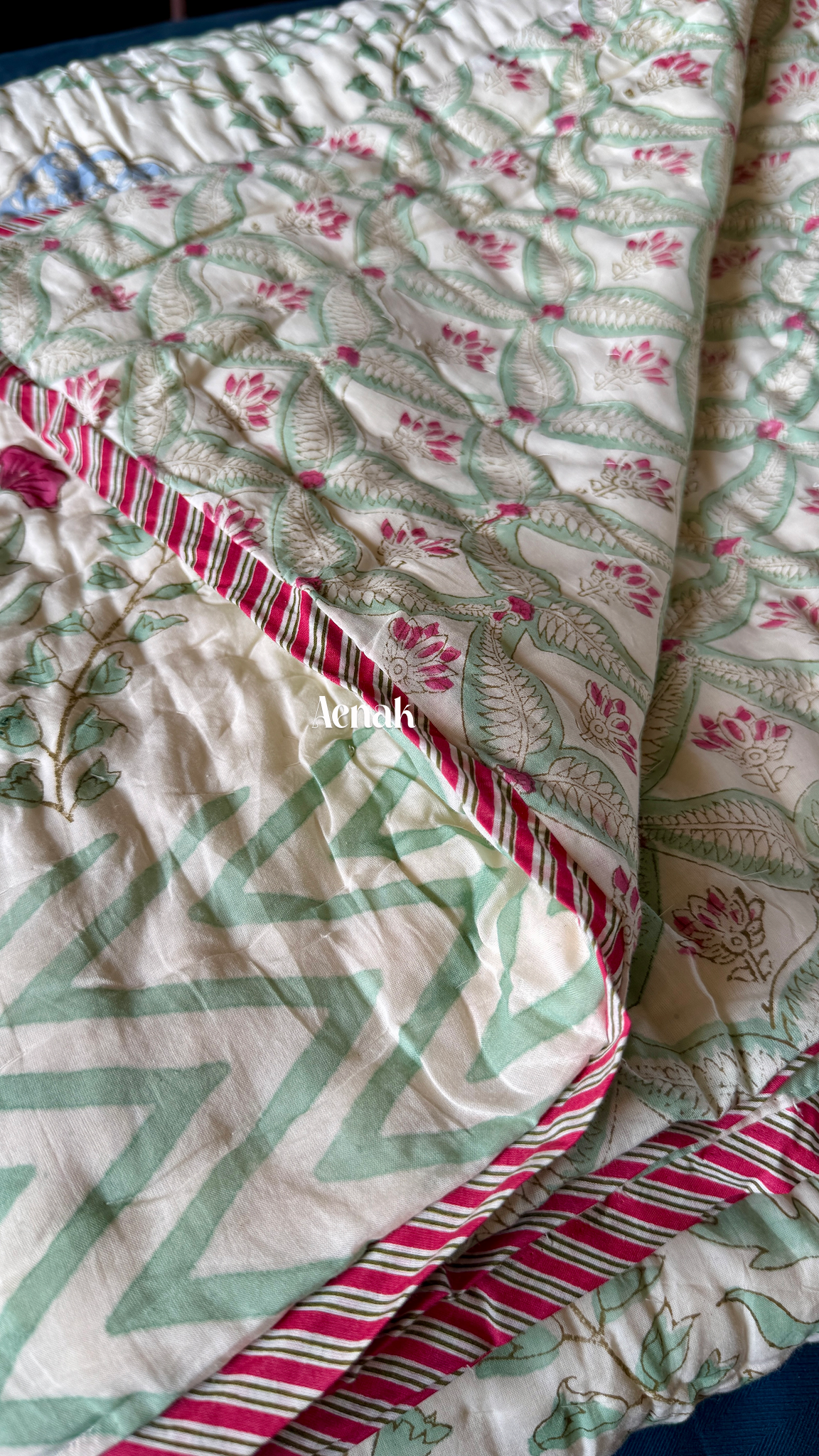 Pink Poppy Handblock Printed Reversible Mulmul Cotton Quilt (Light Beige Base)