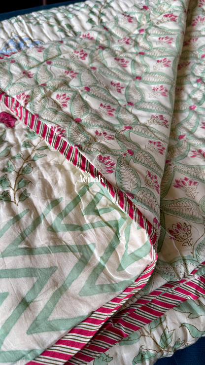 Pink Poppy Handblock Printed Reversible Mulmul Cotton Quilt (Light Beige Base)