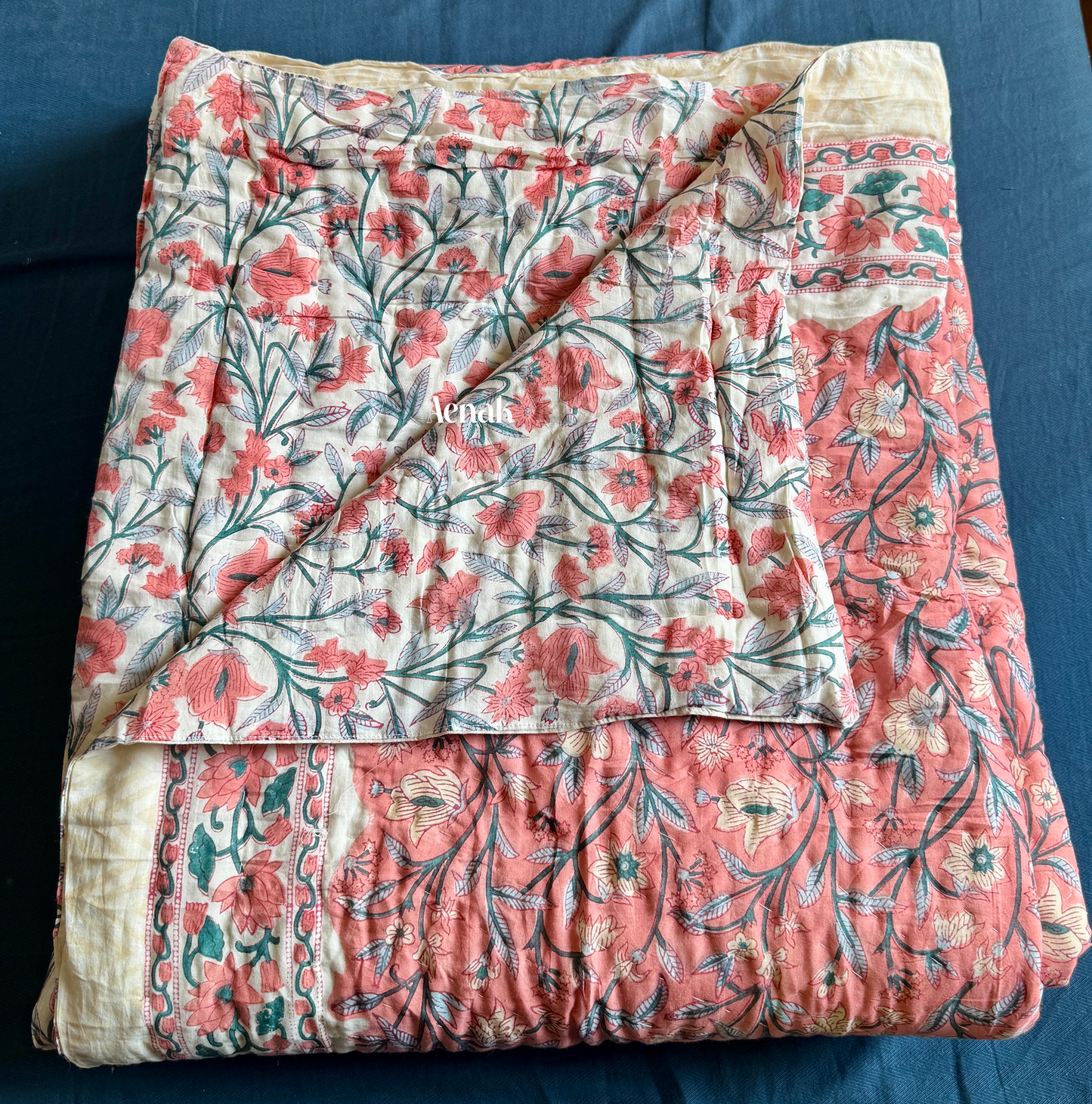 Dark Peach Floral Handblock Printed Reversible Mulmul Cotton Quilt