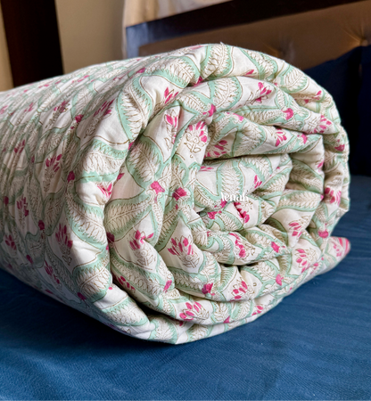Pink Poppy Handblock Printed Reversible Mulmul Cotton Quilt (Light Beige Base)