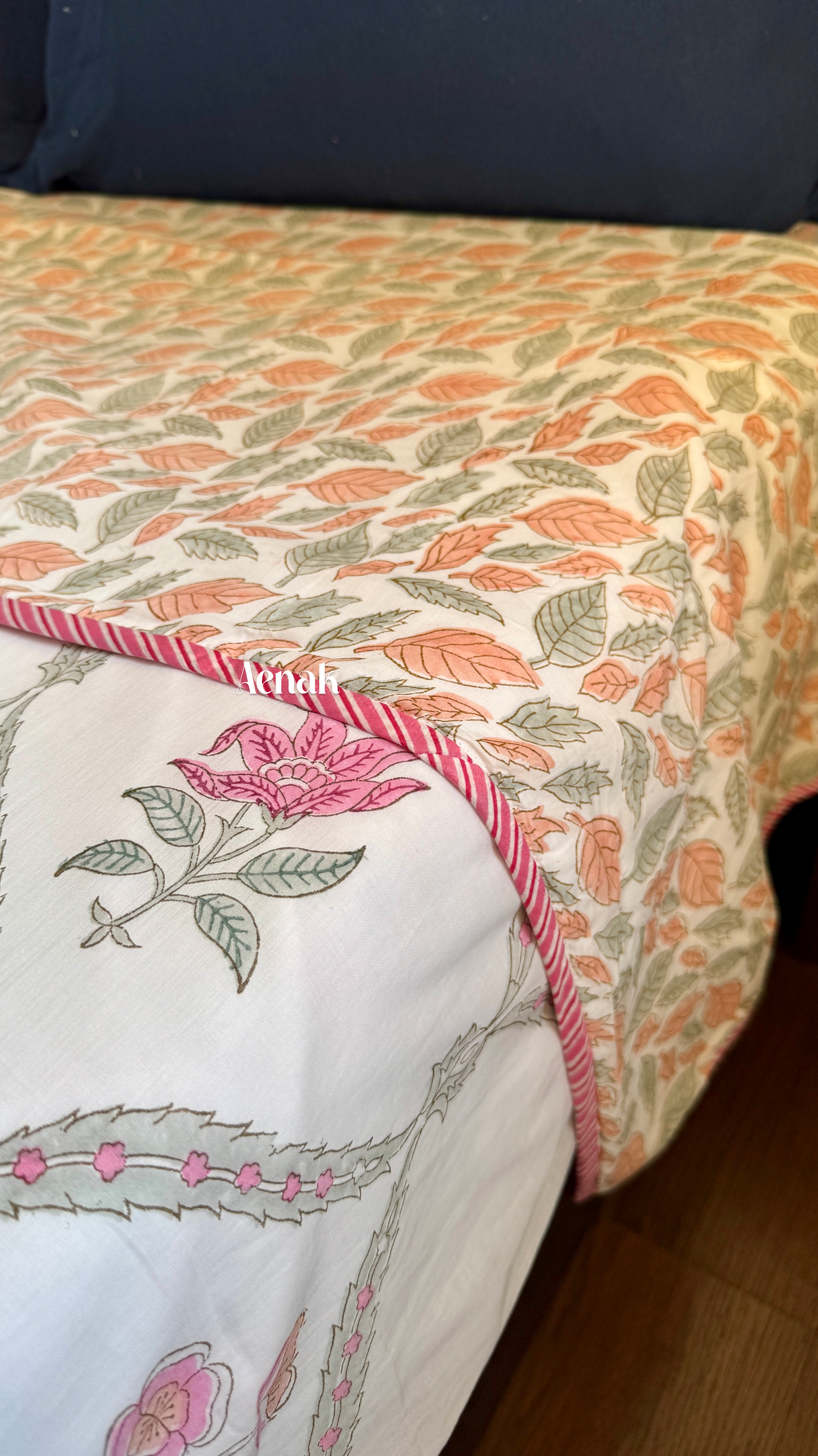 Pink Periwinkle Handblock Bedsheet + Dohar Combo