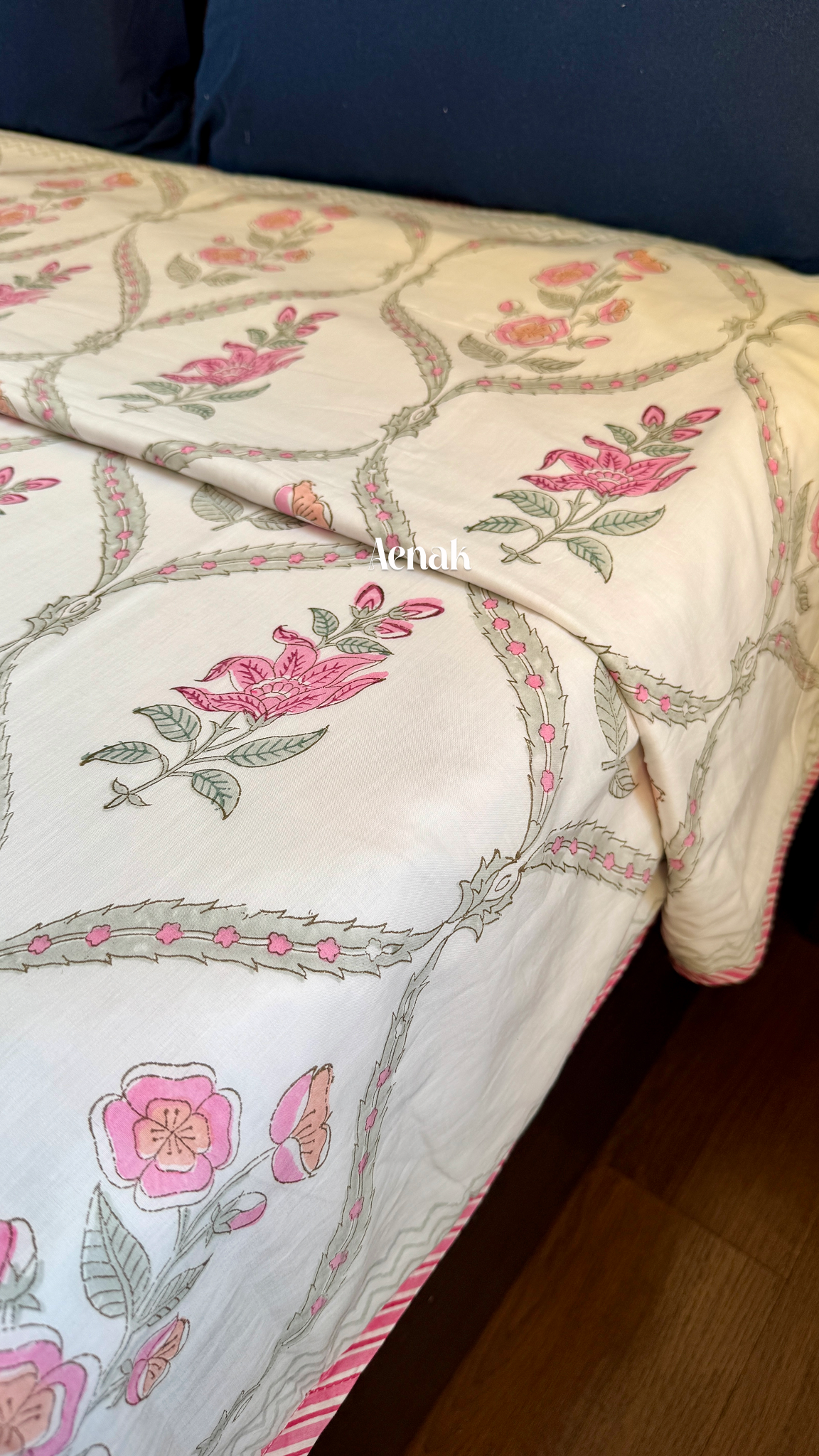 Pink Periwinkle Handblock Bedsheet + Dohar Combo