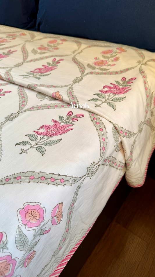 Pink Periwinkle Handblock Printed Mulmul Cotton Reversible Dohar