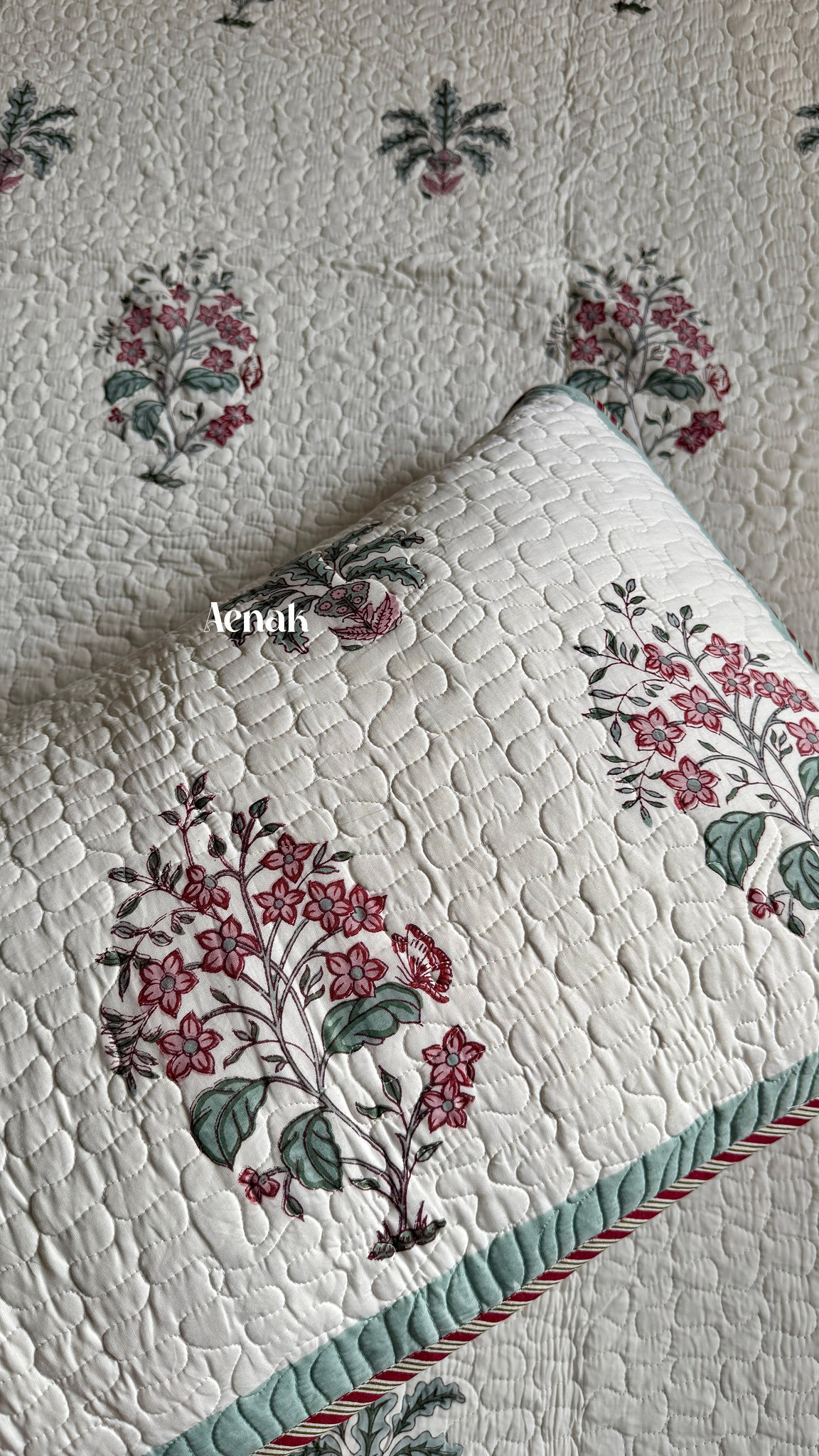Pink Floral Green Palm Handblock Printed Reversible Quilted Bedcover