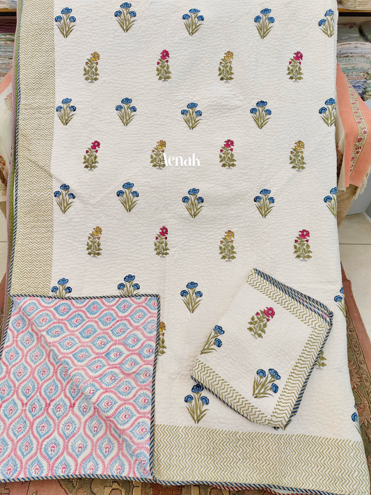 Floral Guldasta Handblock Printed Reversible Quilted Bedcover -105 x108