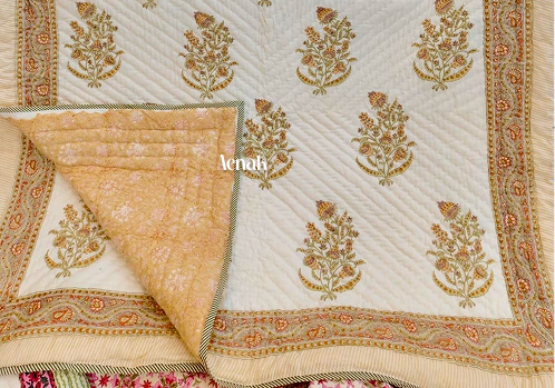 Yellow Floral Boota Handblock Reversible Mulmul Cotton Single Quilt