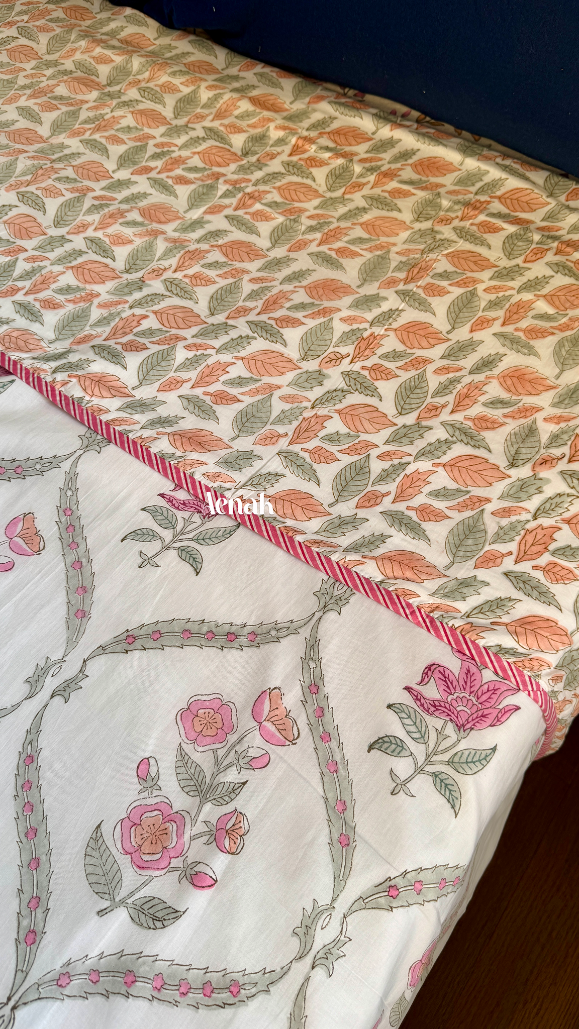 Pink Periwinkle Handblock Bedsheet + Dohar Combo