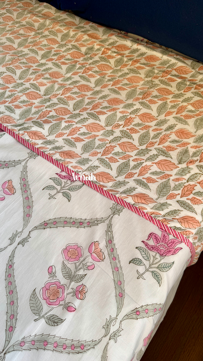 Pink Periwinkle Handblock Bedsheet + Dohar Combo