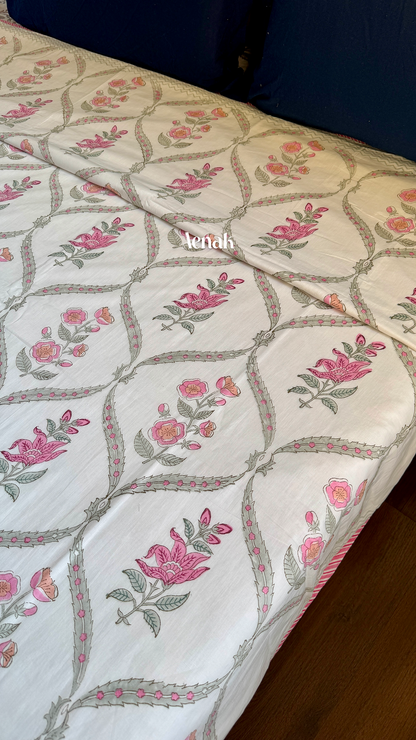 Pink Periwinkle Handblock Bedsheet + Dohar Combo