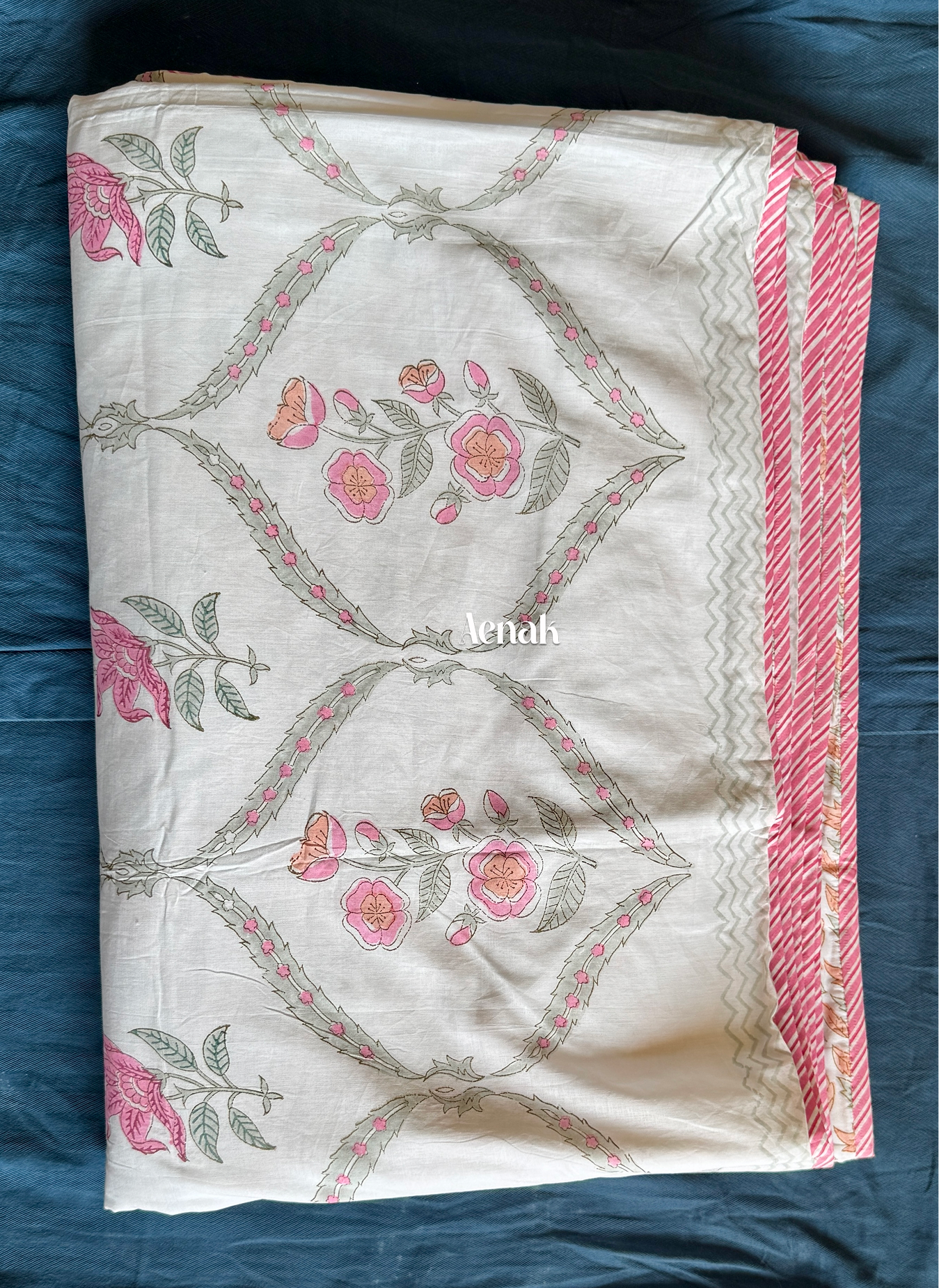 Pink Periwinkle Handblock Bedsheet + Dohar Combo