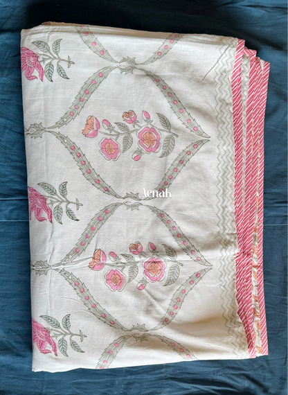 Pink Periwinkle Handblock Bedsheet + Dohar Combo