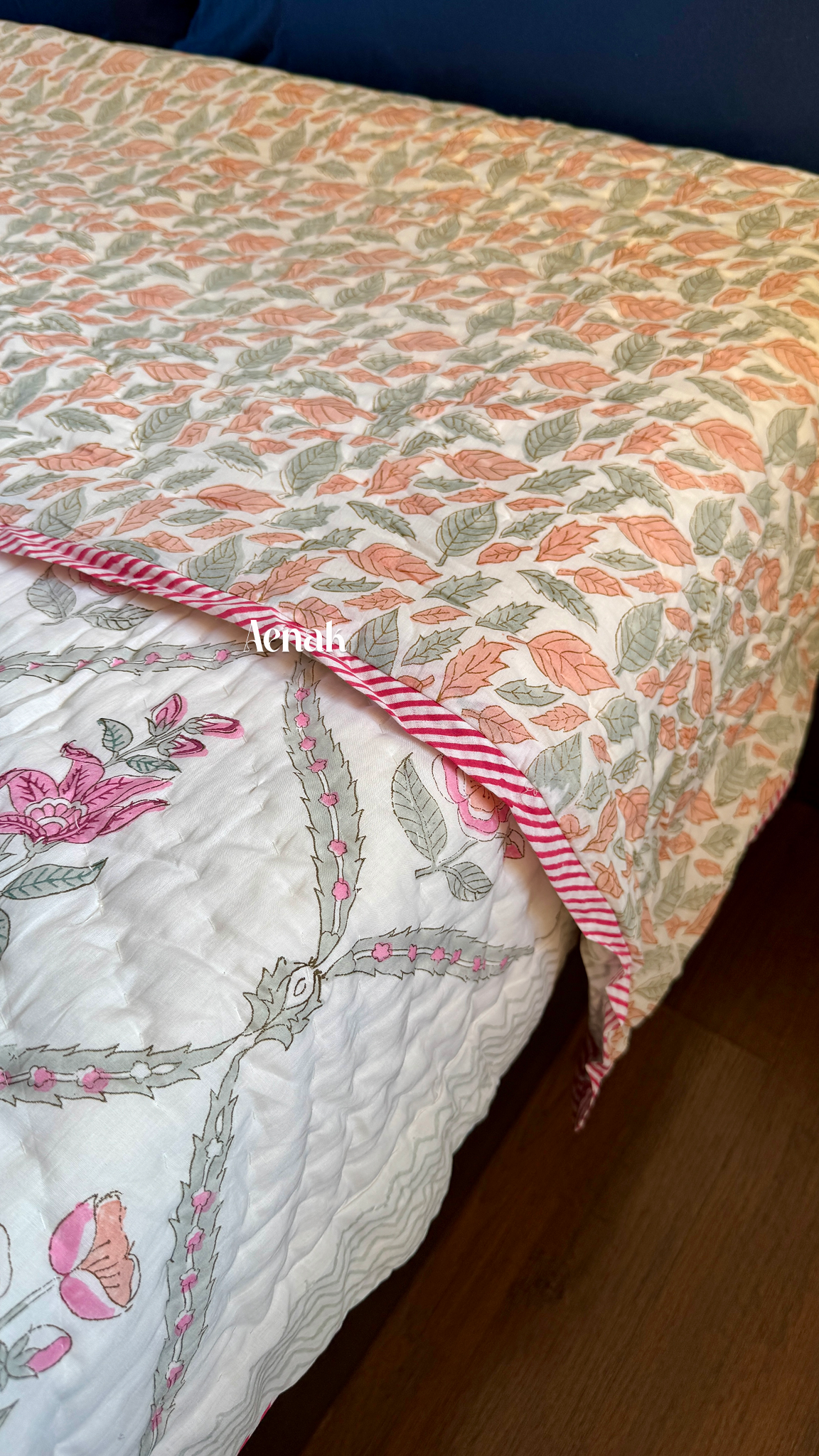 Pink Periwinkle Handblock Bedsheet + Quilt Combo