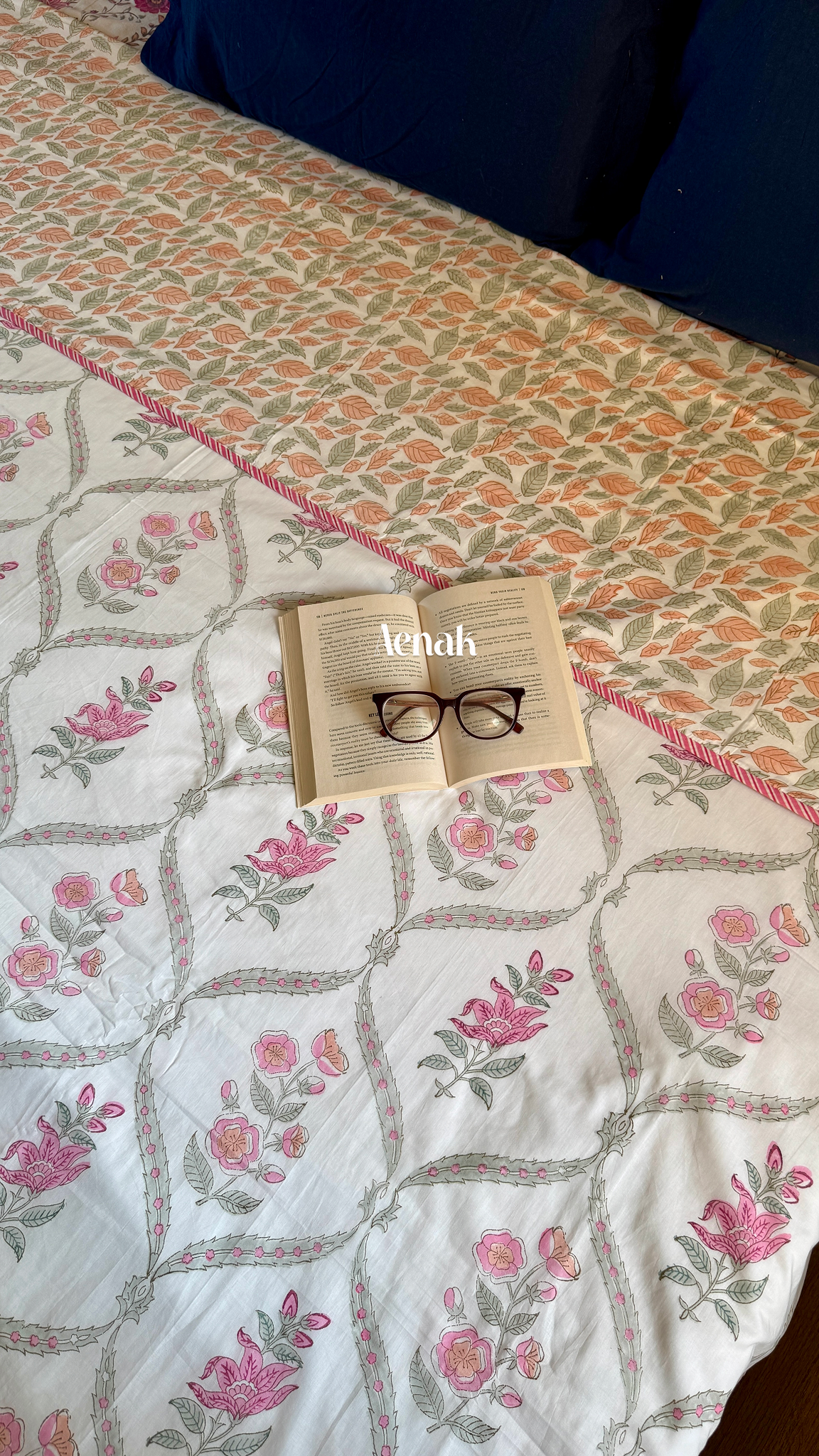 Pink Periwinkle Handblock Bedsheet + Quilt Combo