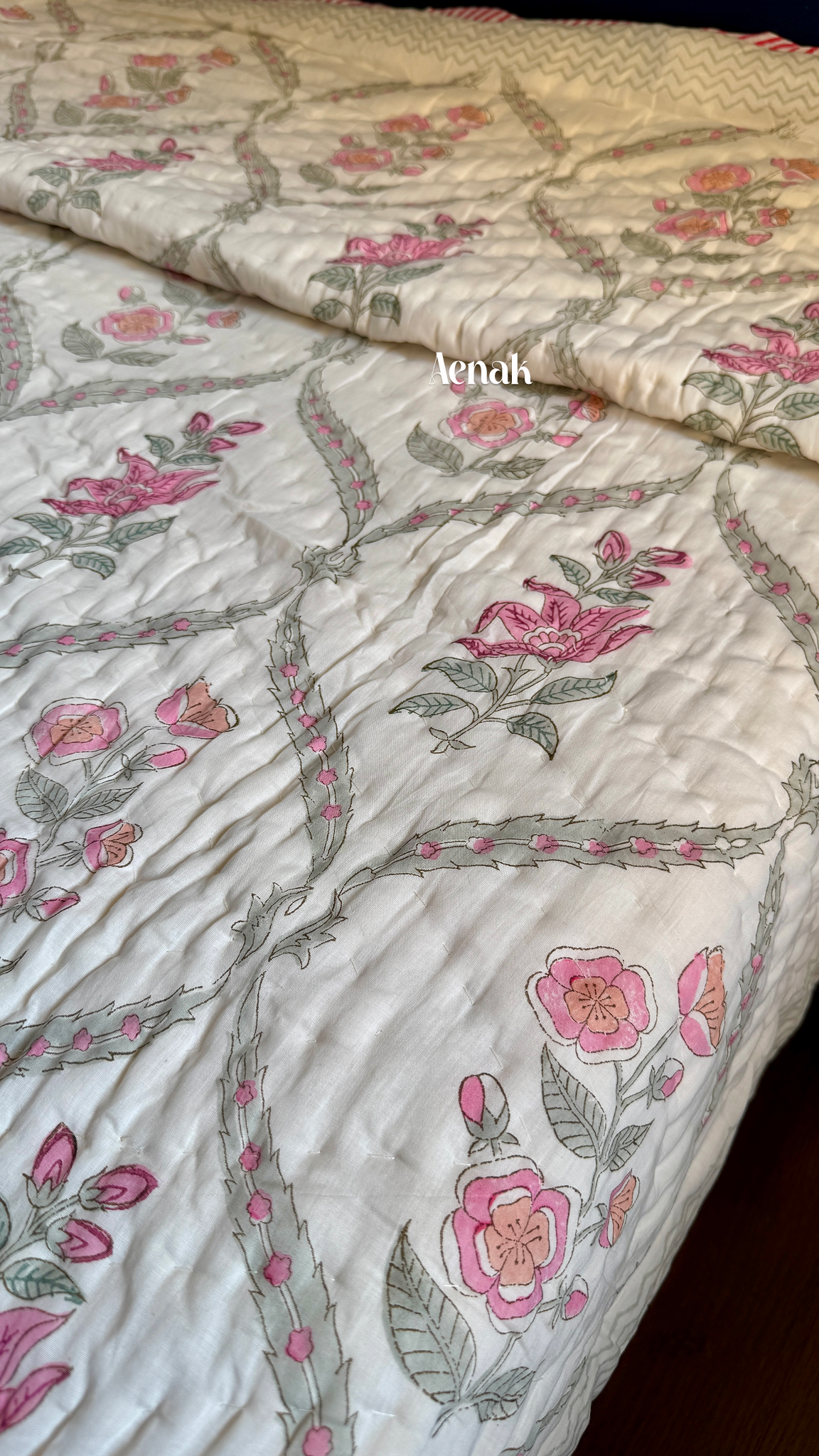 Pink Periwinkle Handblock Bedsheet + Quilt Combo