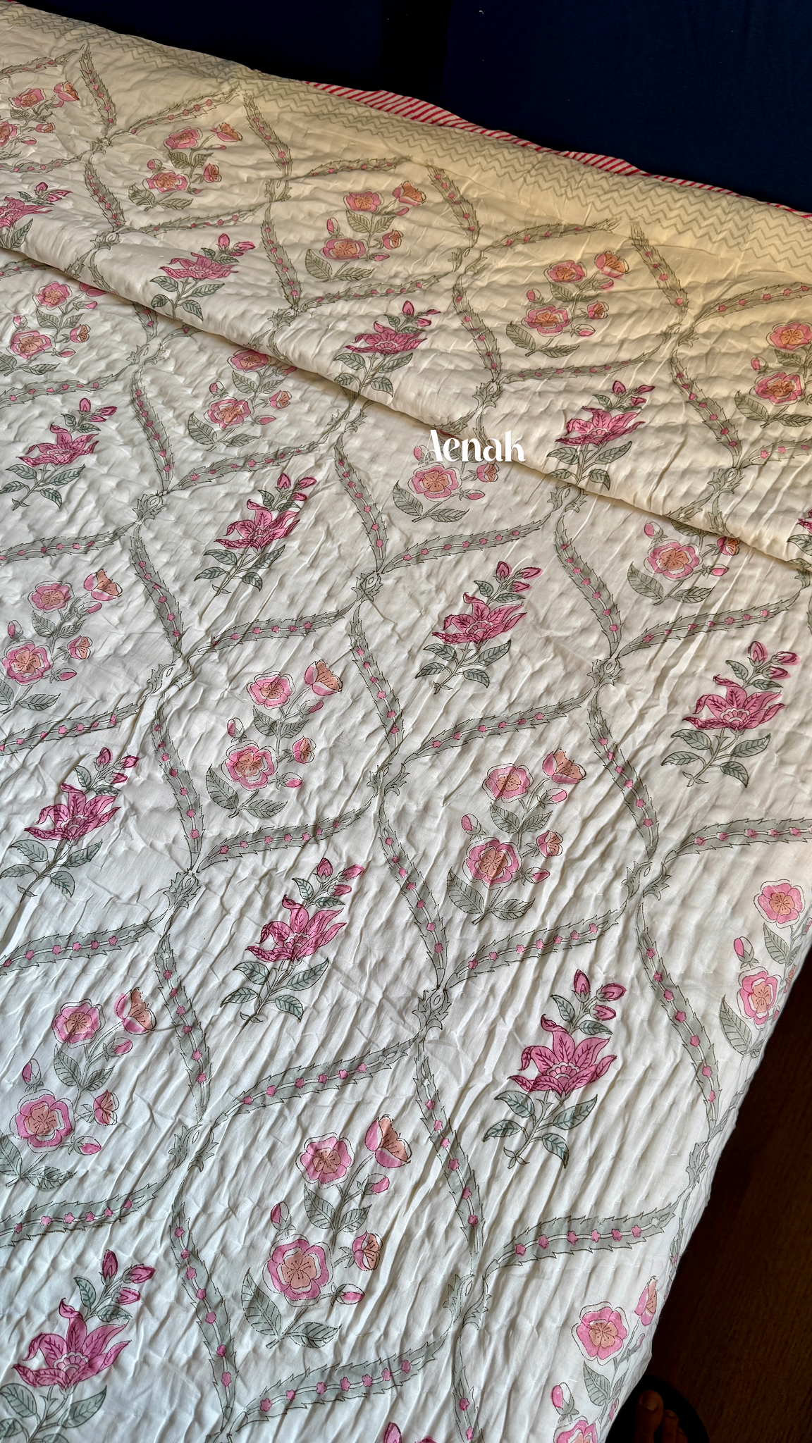 Pink Periwinkle Handblock Bedsheet + Quilt Combo