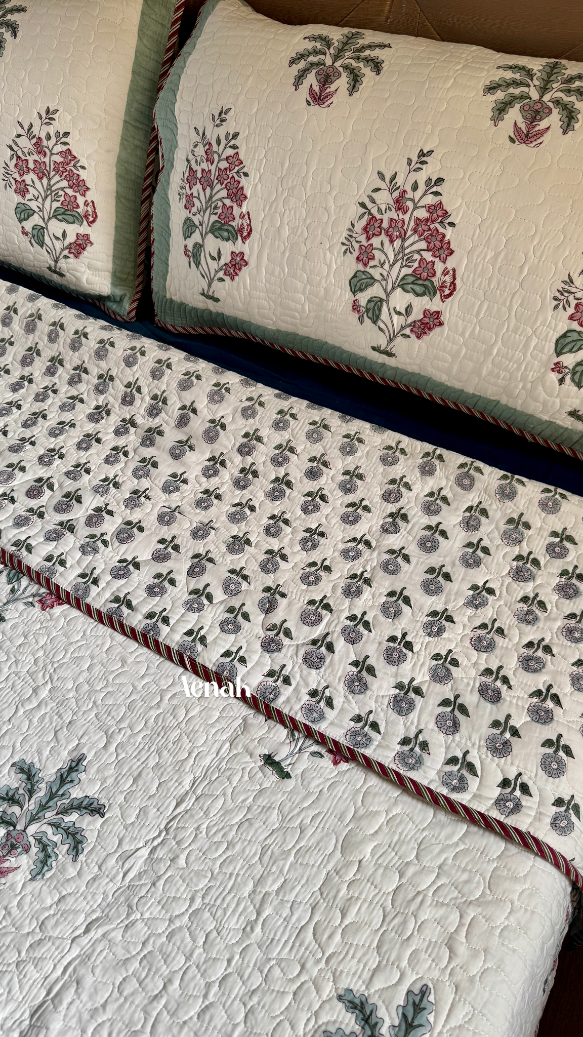 Pink Floral Green Palm Handblock Printed Reversible Quilted Bedcover