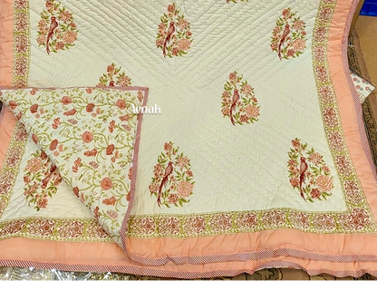 Peach Bird Boota Handblock Reversible Mulmul Cotton Single Quilt
