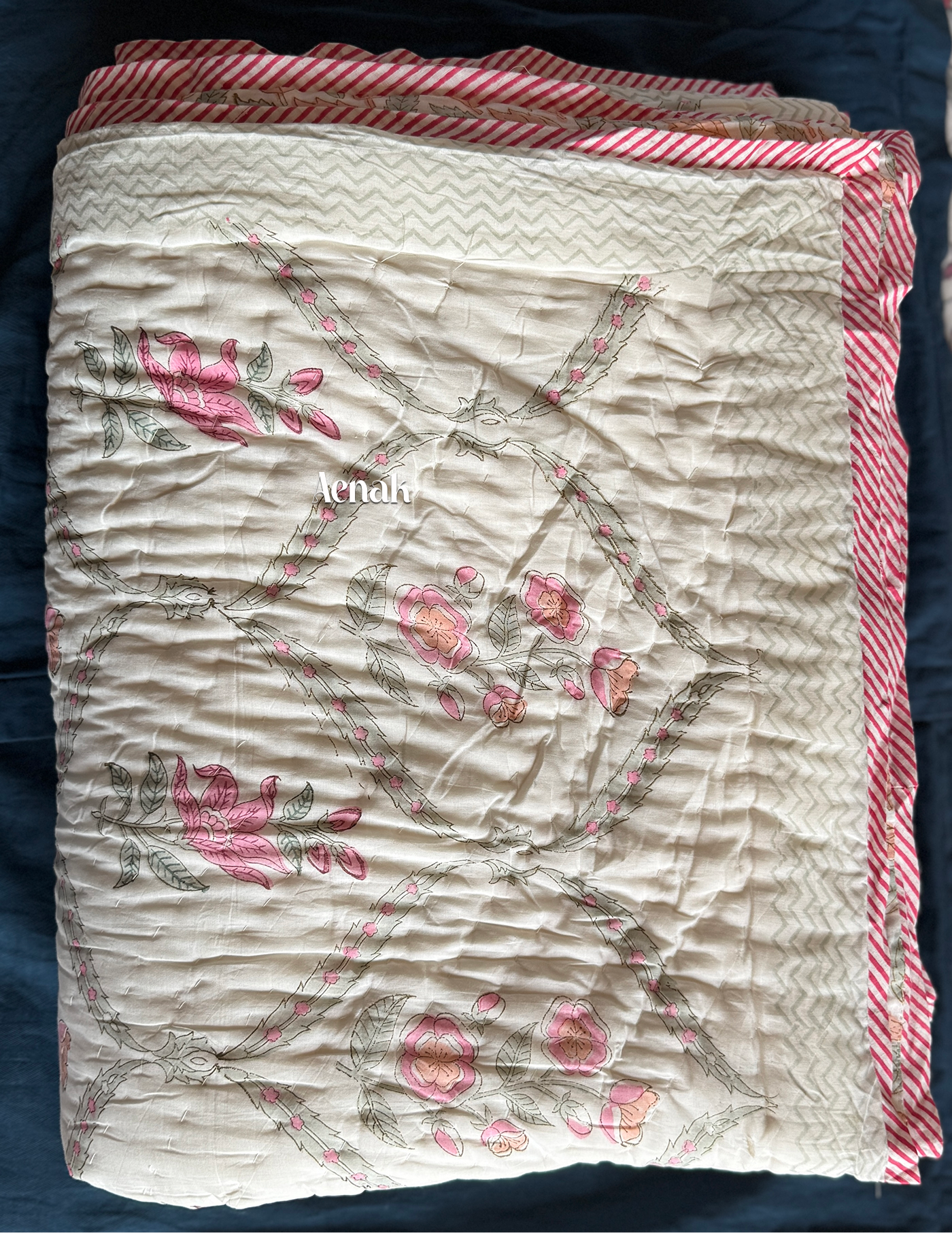 Pink Periwinkle Handblock Bedsheet + Quilt Combo