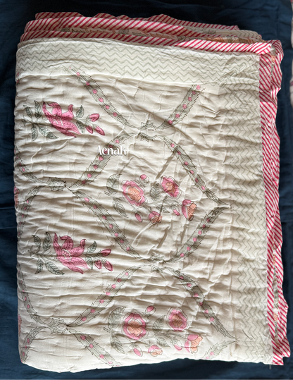Pink Periwinkle Handblock Bedsheet + Quilt Combo
