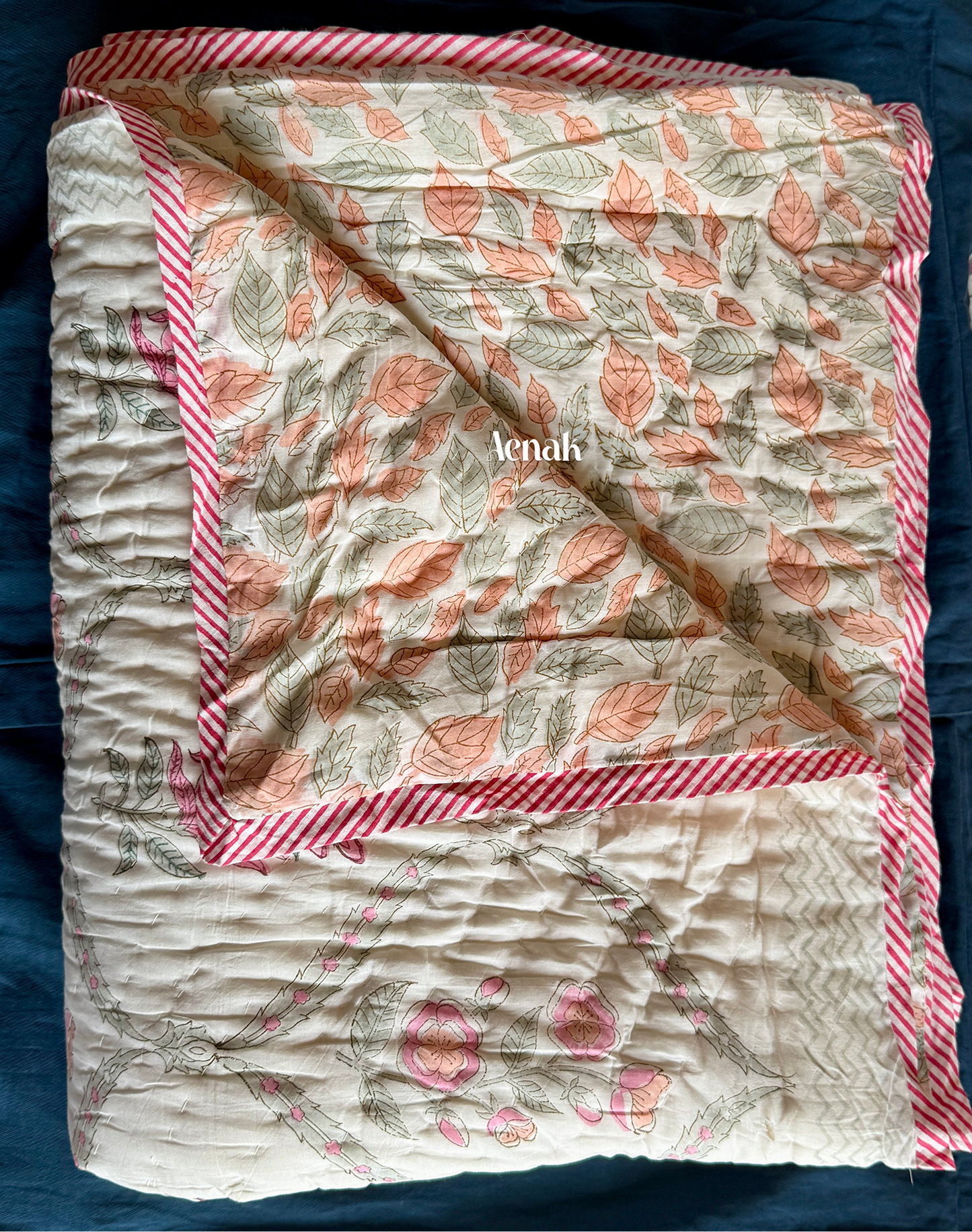 Pink Periwinkle Handblock Bedsheet + Quilt Combo