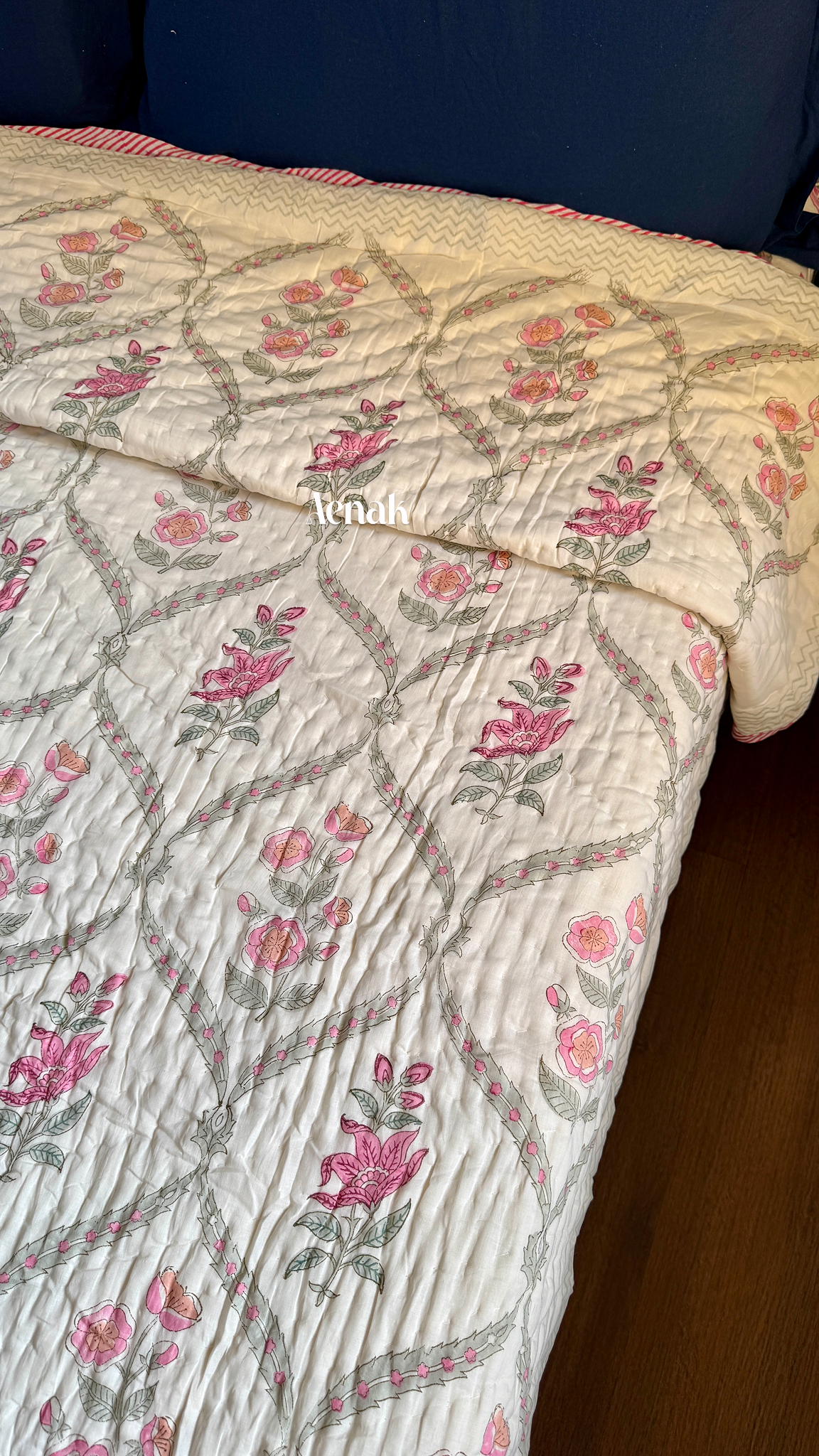 Pink Periwinkle Handblock Bedsheet + Quilt Combo