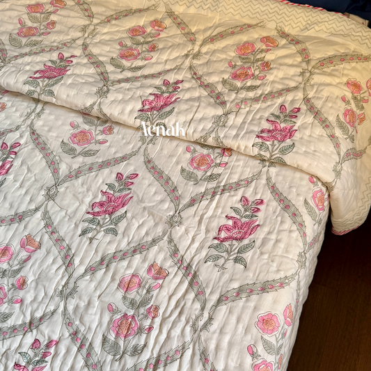 Pink Periwinkle Handblock Reversible Mulmul Cotton Quilt