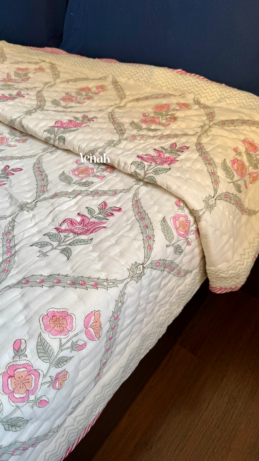 Green Ashoka Handblock Printed Reversible Mulmul Cotton Quilt