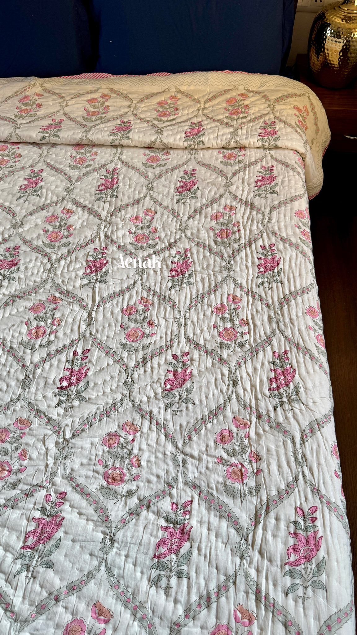 Green Ashoka Handblock Printed Reversible Mulmul Cotton Quilt